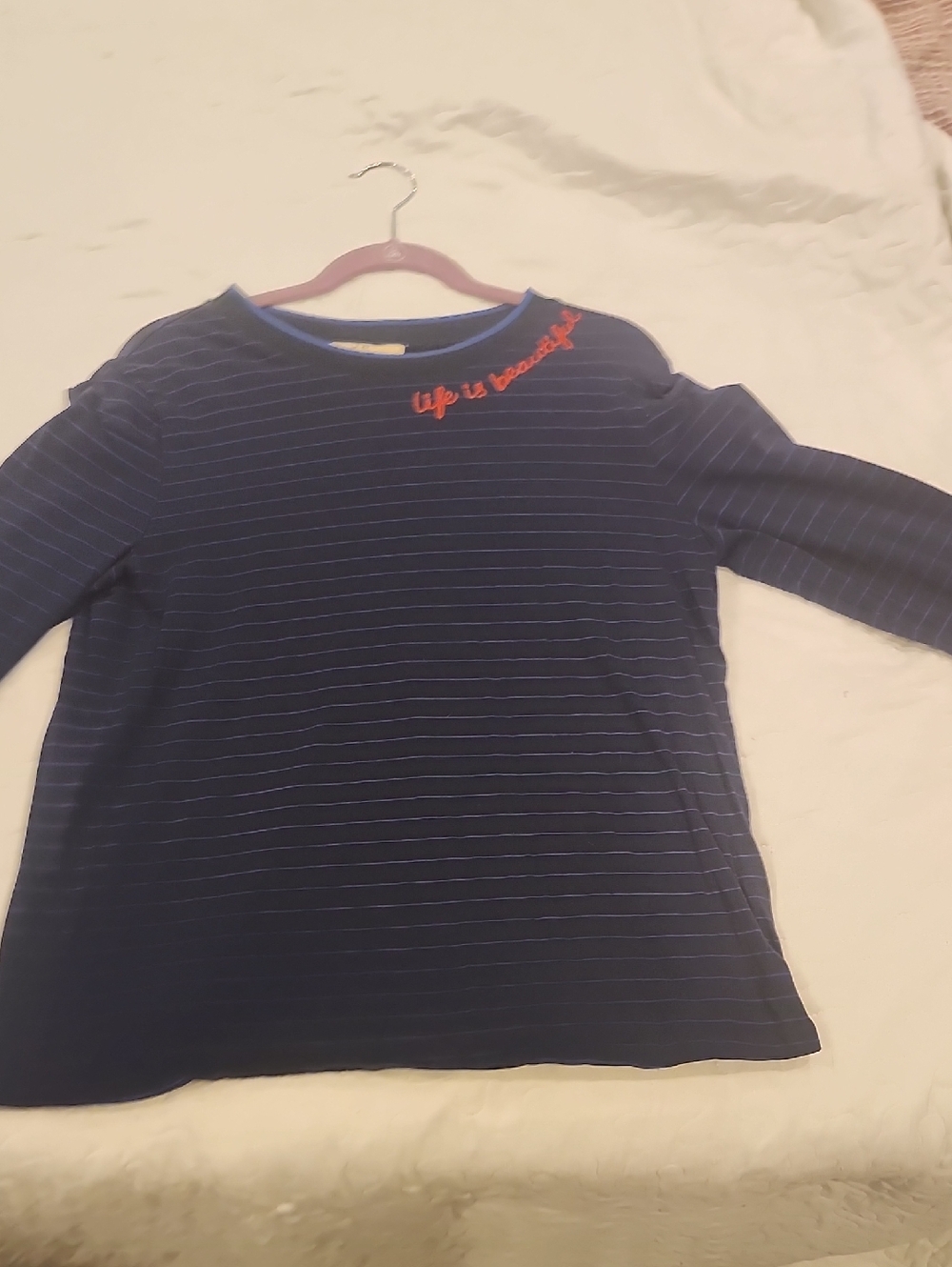 Navy Stripe Long-Sleeve Tee with Red Script Accent